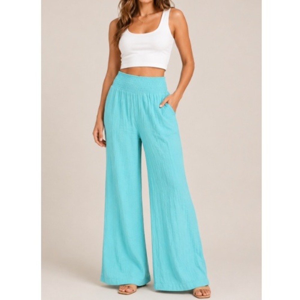 Honolua Surf Co Women's Aqua Blue Smocked Wide Leg Castaway Pants Size M NWT